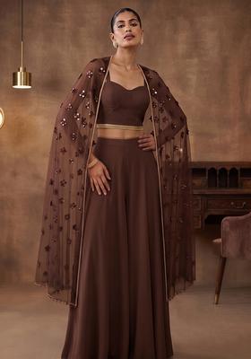 Chocolate Brown Embroidered Handwork Fusion Set
