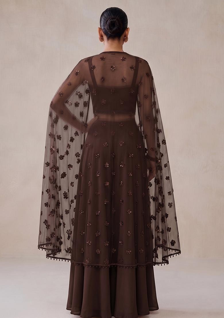 Chocolate Brown Embroidered Handwork Fusion Set - Indya