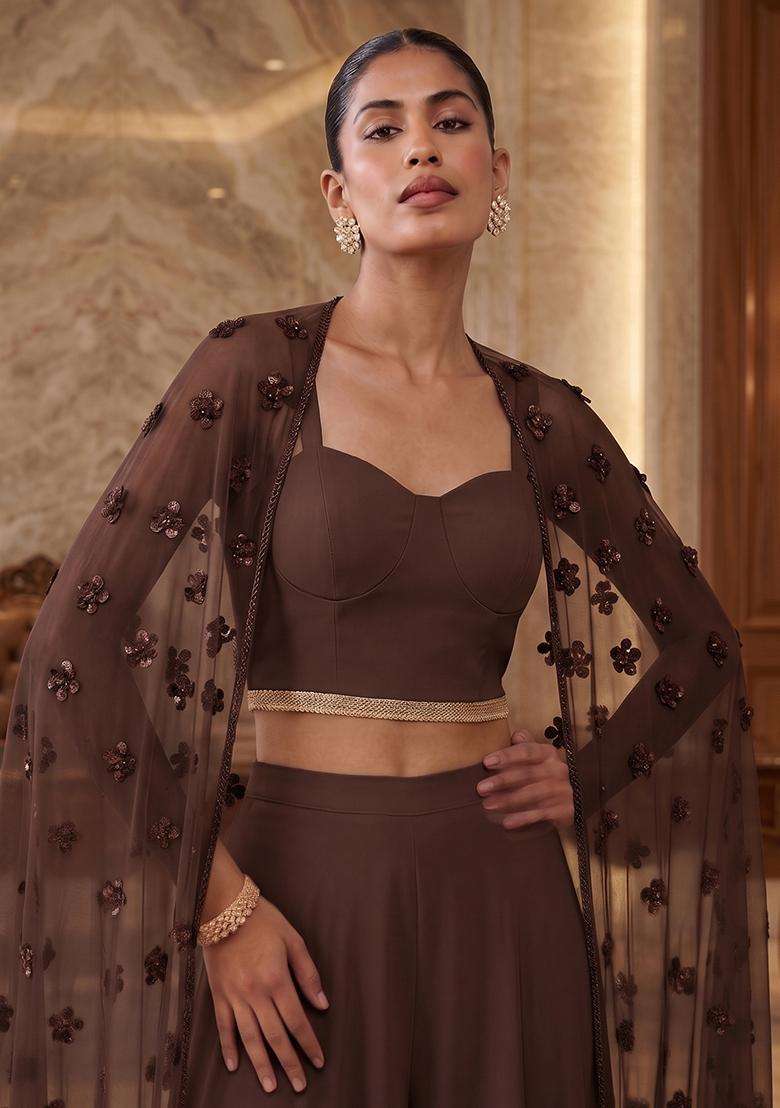 Chocolate Brown Embroidered Handwork Fusion Set - Indya