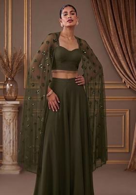 Dark Green Embroidered Handwork Fusion Set