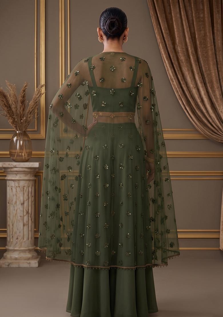 Dark Green Embroidered Handwork Fusion Set - Indya