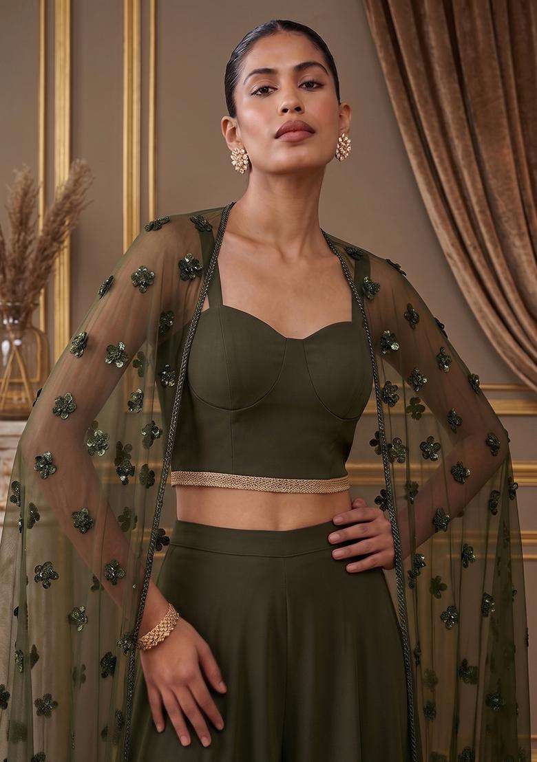 Dark Green Embroidered Handwork Fusion Set - Indya