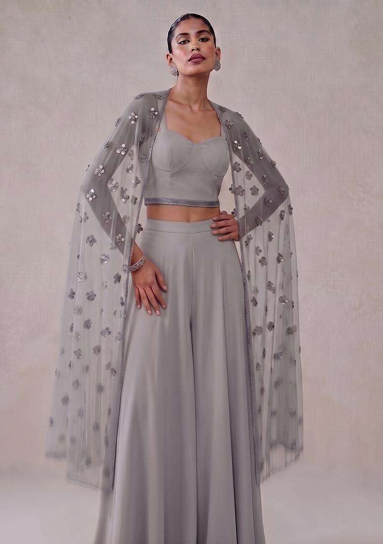 Silver Grey Embroidered Handwork Fusion Set - Indya