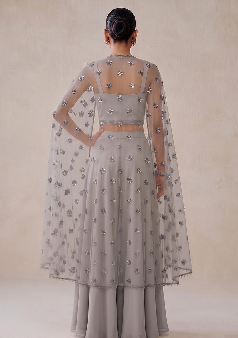 Silver Grey Embroidered Handwork Fusion Set - Indya
