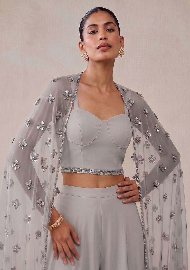 Silver Grey Embroidered Handwork Fusion Set - Indya