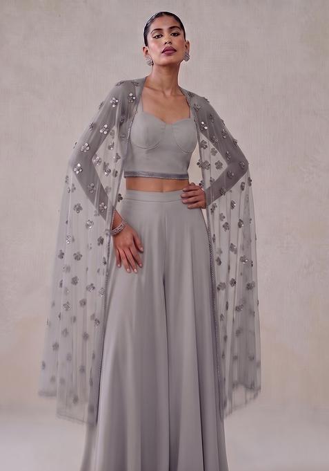 Silver Grey Crepe Embellished Fusion Set
