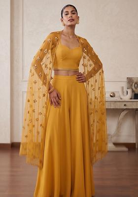 Mustard Embroidered Handwork Fusion Set