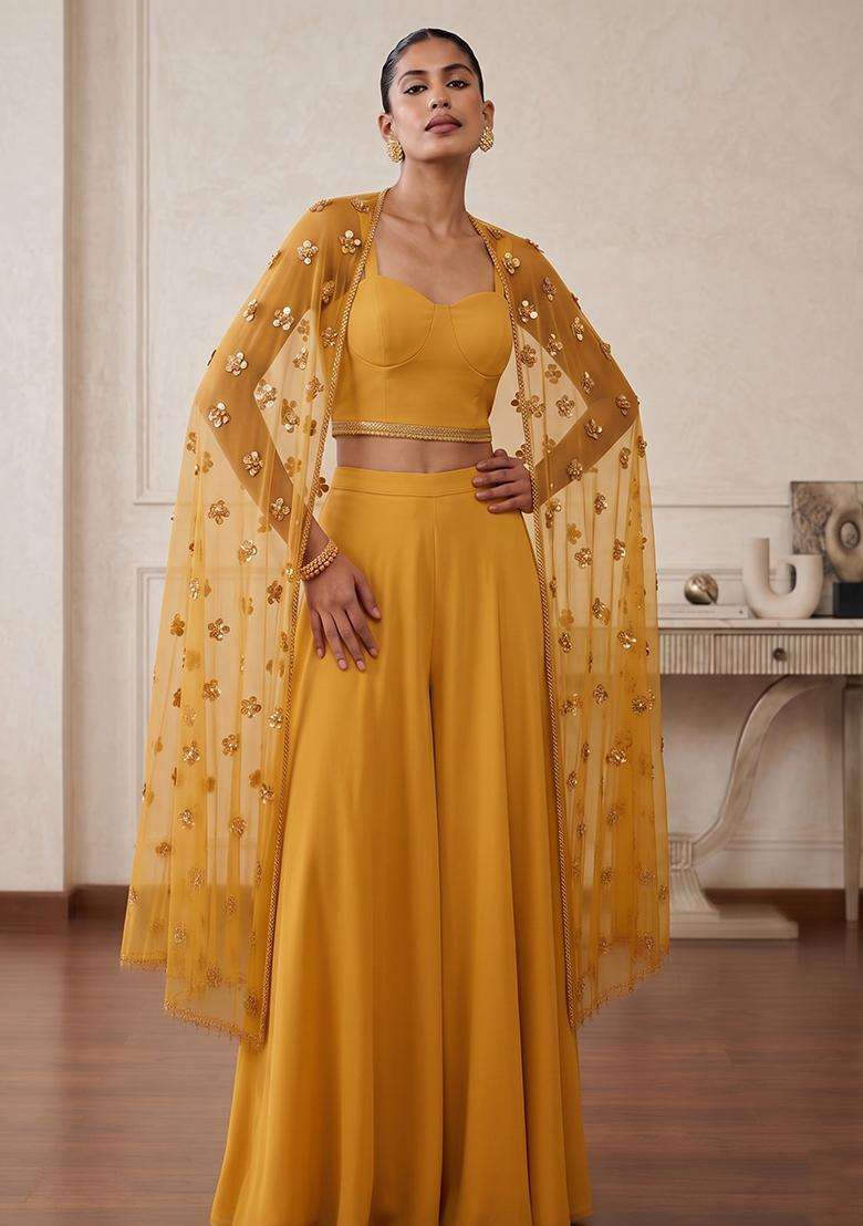 Mustard Embroidered Handwork Fusion Set - Indya