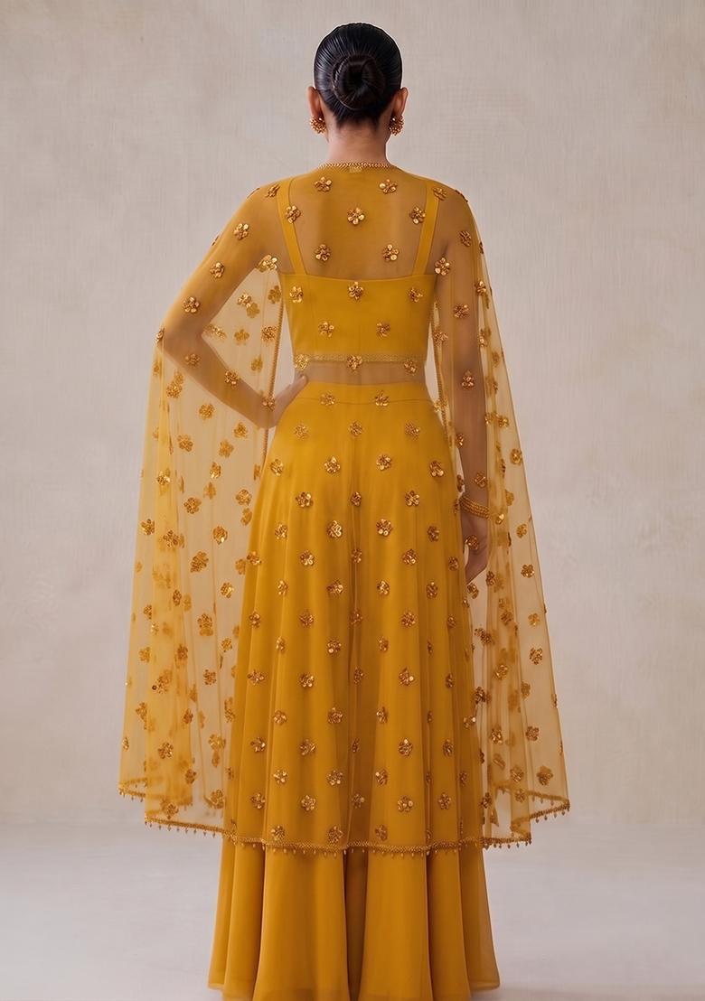 Mustard Embroidered Handwork Fusion Set - Indya