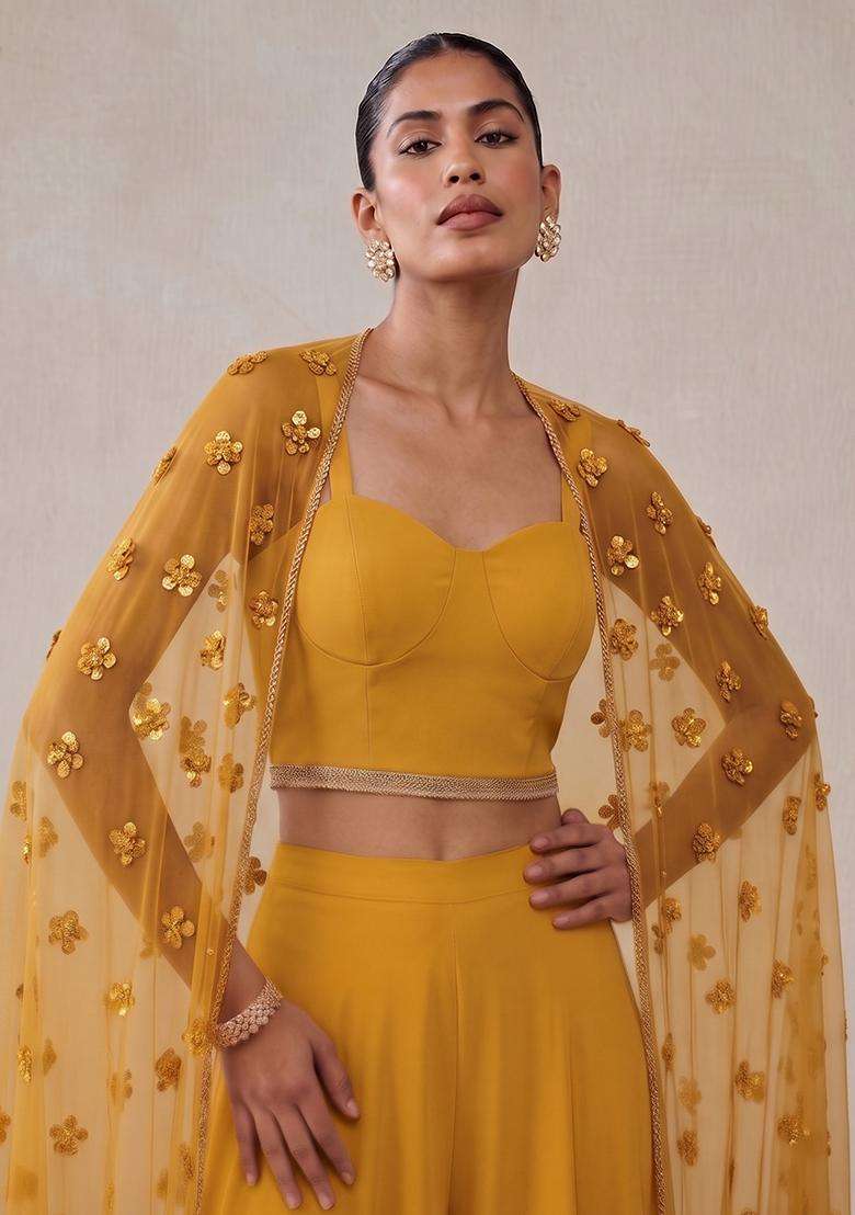 Mustard Embroidered Handwork Fusion Set - Indya