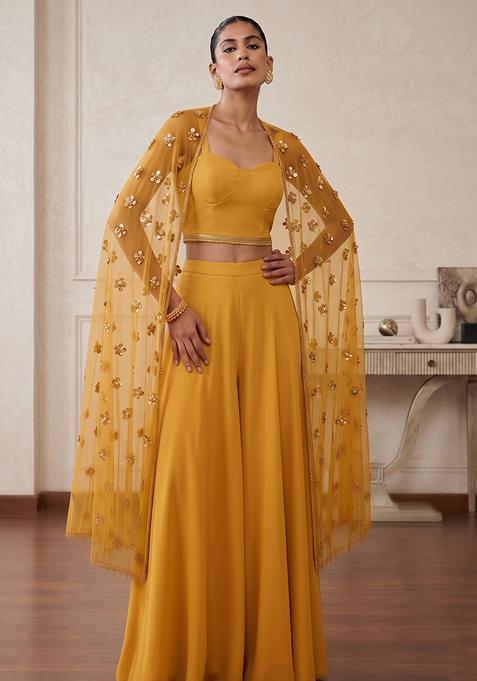 Mustard Embroidered Handwork Fusion Set