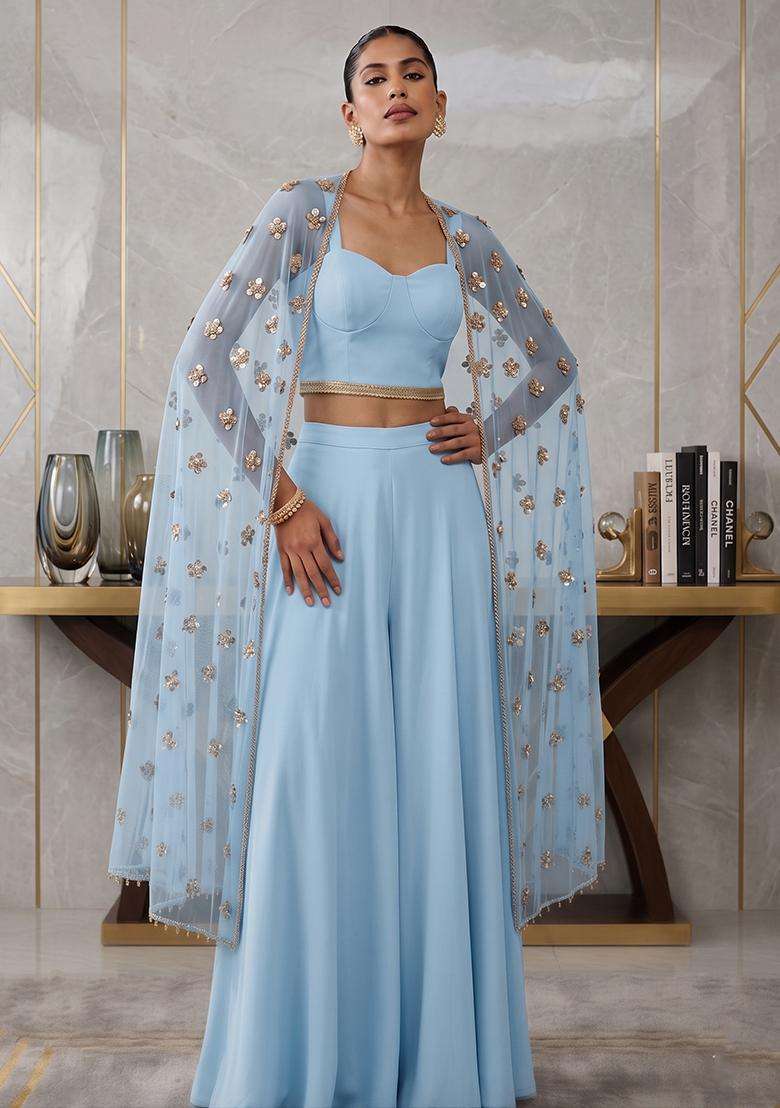 Sky Blue Embroidered Handwork Lehenga Set - Indya