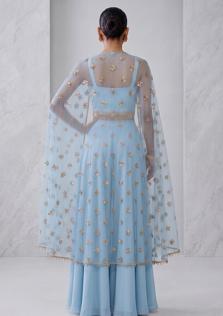 Sky Blue Embroidered Handwork Lehenga Set - Indya