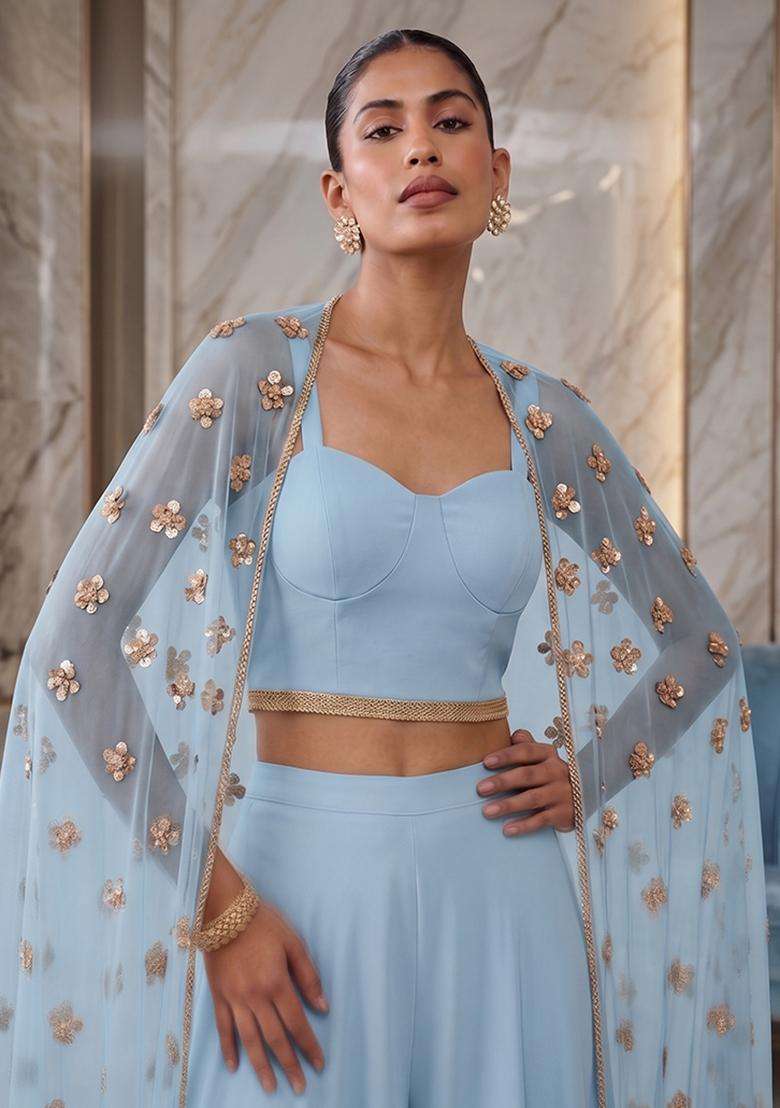 Sky Blue Embroidered Handwork Lehenga Set - Indya