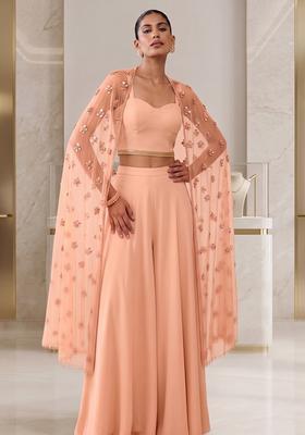 Soft Peach Embroidered Handwork Fusion Set