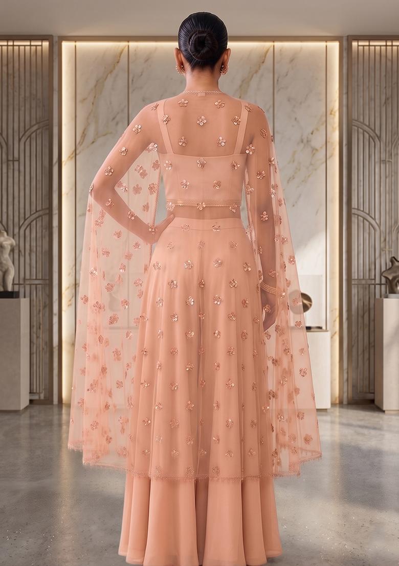 Soft Peach Embroidered Handwork Fusion Set - Indya