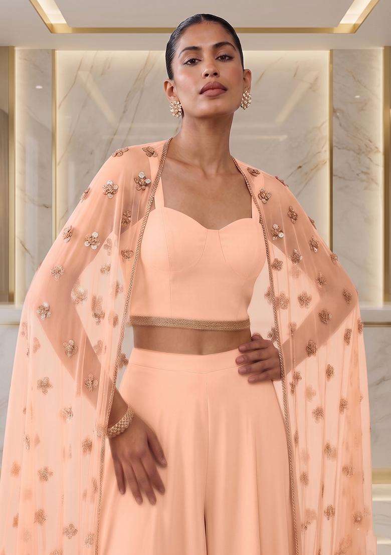 Soft Peach Embroidered Handwork Fusion Set - Indya