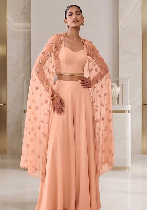 Soft Peach Embroidered Handwork Fusion Set