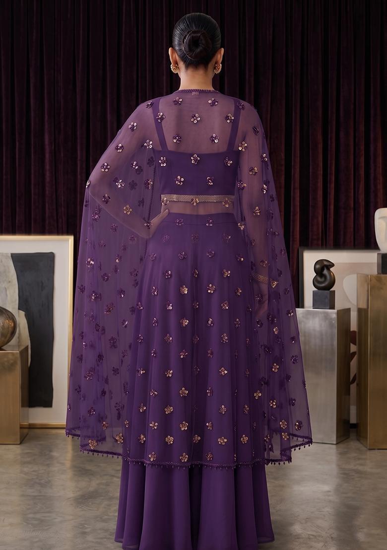 Voilet Embroidered Handwork Fusion Set - Indya