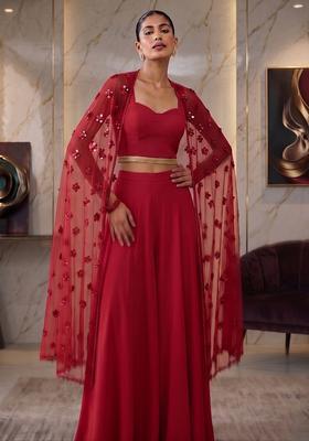 Cherry Red Embroidered Handwork Fusion Set