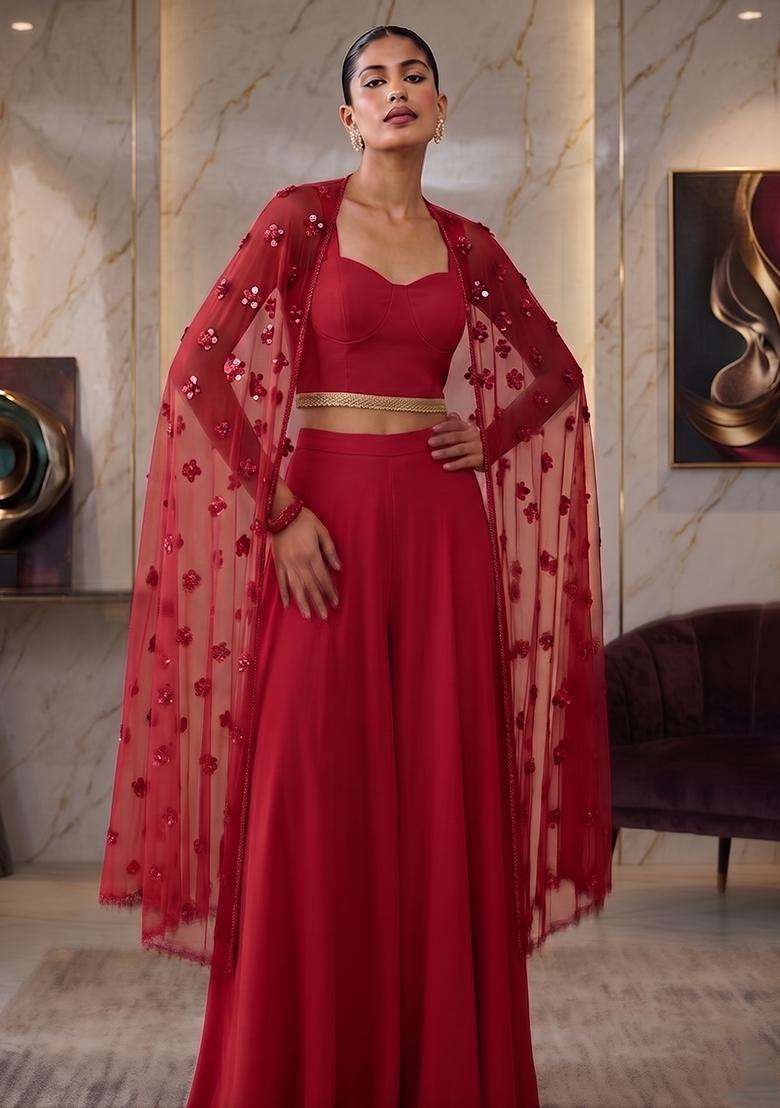 Cherry Red Embroidered Handwork Fusion Set - Indya