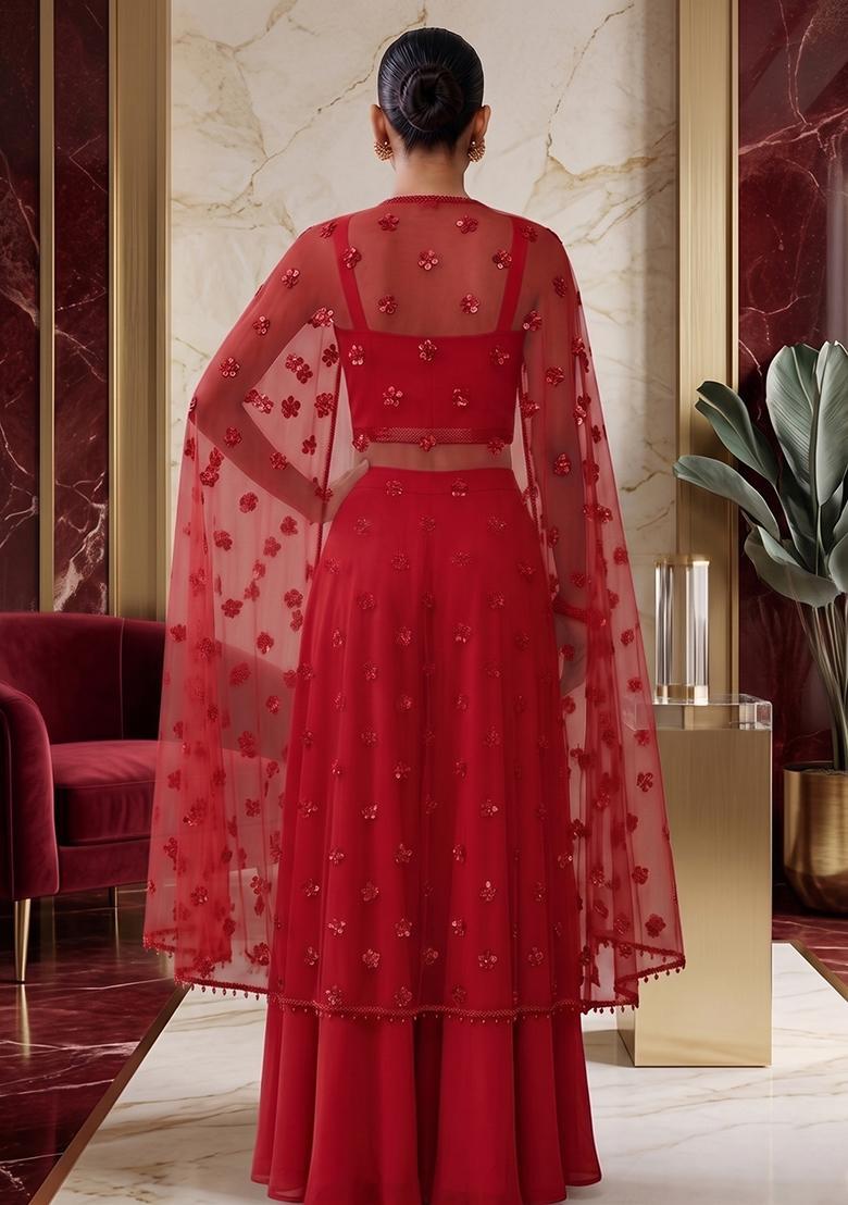 Cherry Red Embroidered Handwork Fusion Set - Indya