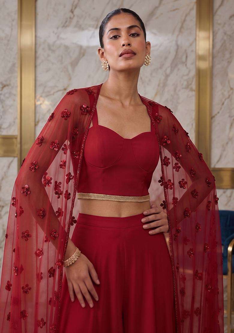 Cherry Red Embroidered Handwork Fusion Set - Indya