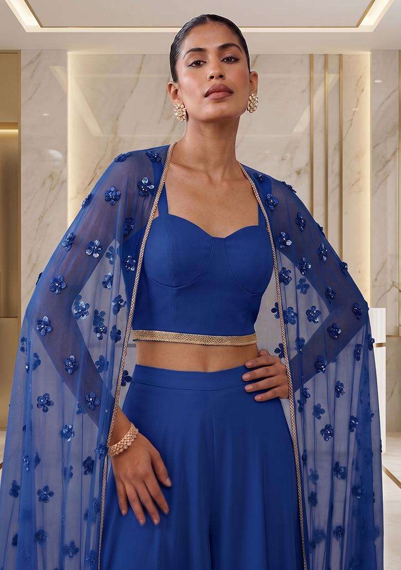 Royal Blue Embroidered Handwork Fusion Set - Indya