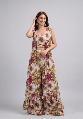 Beige Printed Georgette Fusion Set