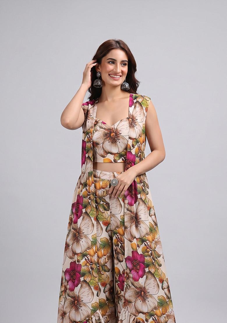 Beige Printed Georgette Fusion Set - Indya