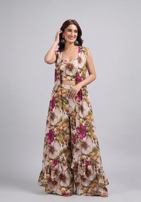 Beige Crepe Floral Print Fusion Set