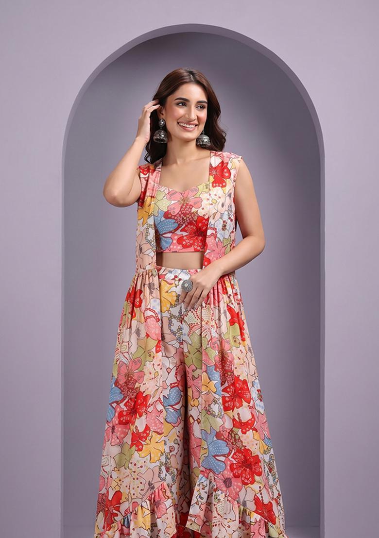 Multi Color Printed Georgette Fusion Set - Indya