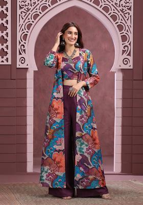 Deep Purple Printed Georgette Fusion Set