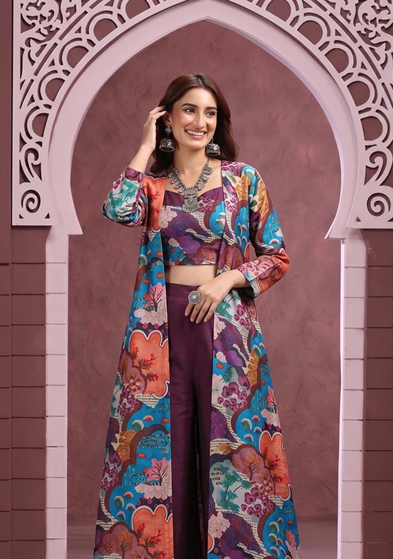 Deep Purple Printed Georgette Fusion Set - Indya