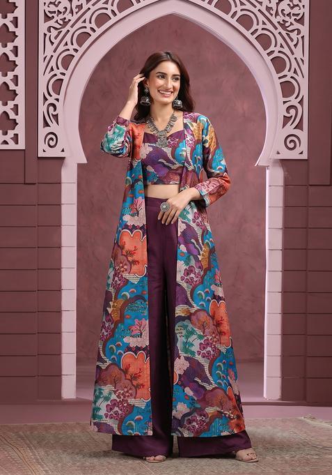 Deep Purple Silk Blend Abstract Print Fusion Set