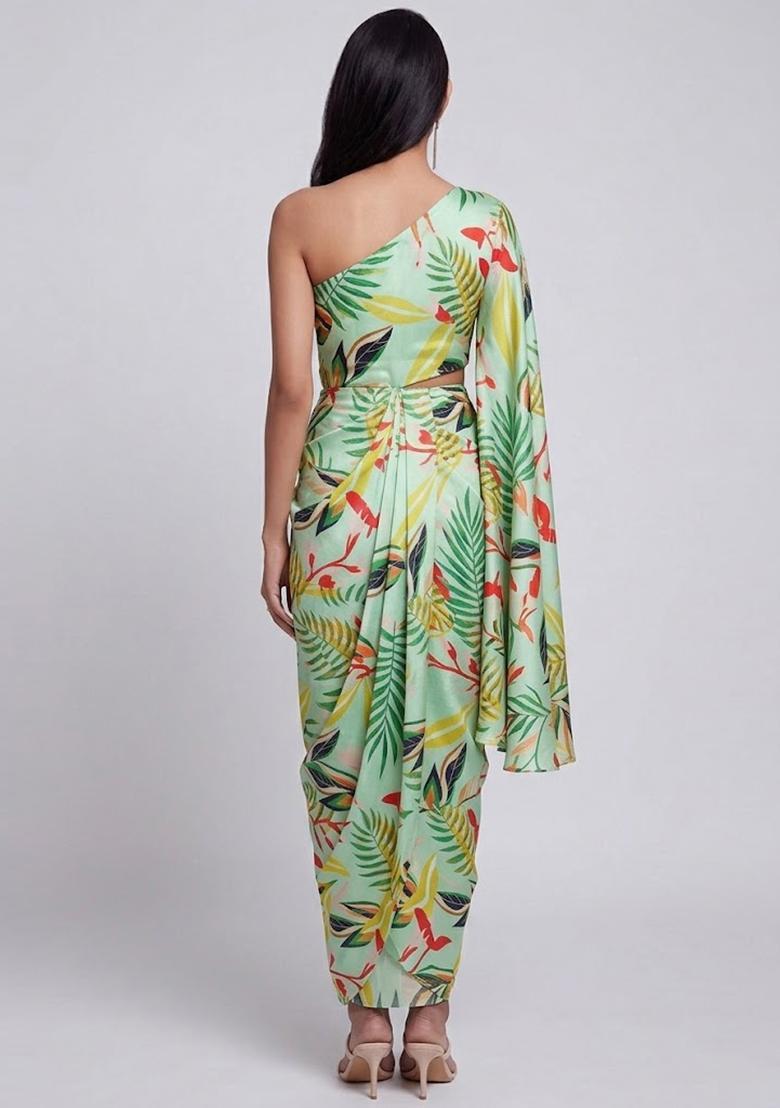 Pista Green Printed Chinon Fusion Set - Indya