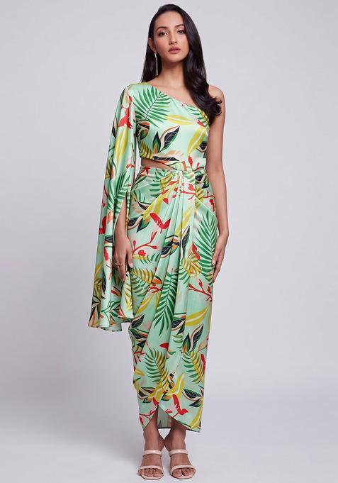Pista Green Silk Blend Floral Print Fusion Set