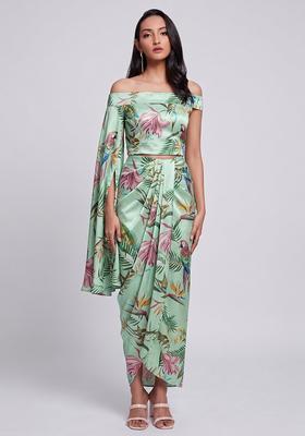 Mint Green Printed Chinon Fusion Set
