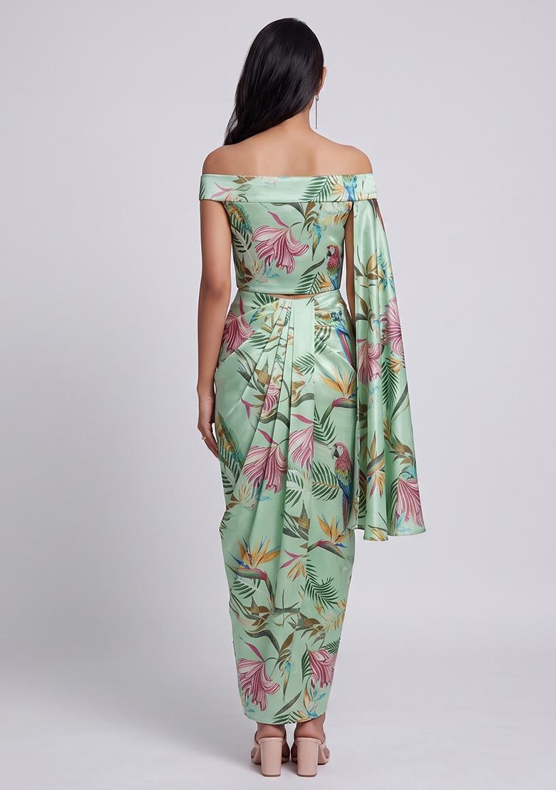 Mint Green Printed Chinon Fusion Set - Indya
