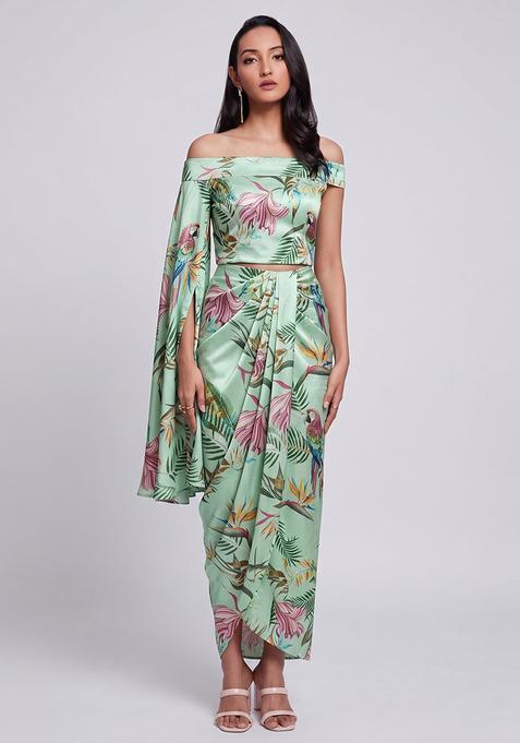 Mint Green Printed Chinon Fusion Set