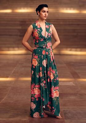 Bottle Green Printed Silk Fusion Set