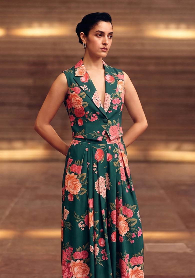 Bottle Green Printed Silk Fusion Set - Indya