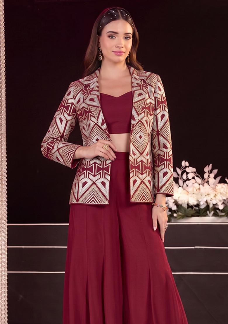 Maroon Embroidered Georgette Fusion Set - Indya