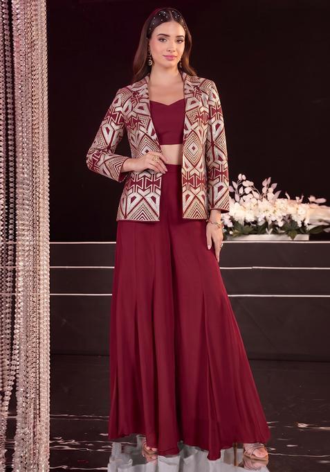 Maroon Embroidered Georgette Fusion Set