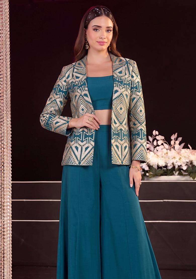 Teal Embroidered Georgette Fusion Set - Indya