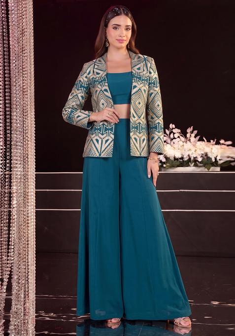 Teal Embroidered Georgette Fusion Set