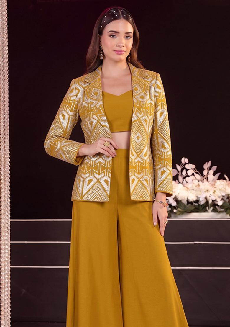 Mustard Embroidered Georgette Fusion Set - Indya