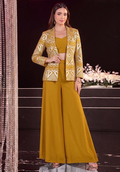 Mustard Embroidered Georgette Fusion Set