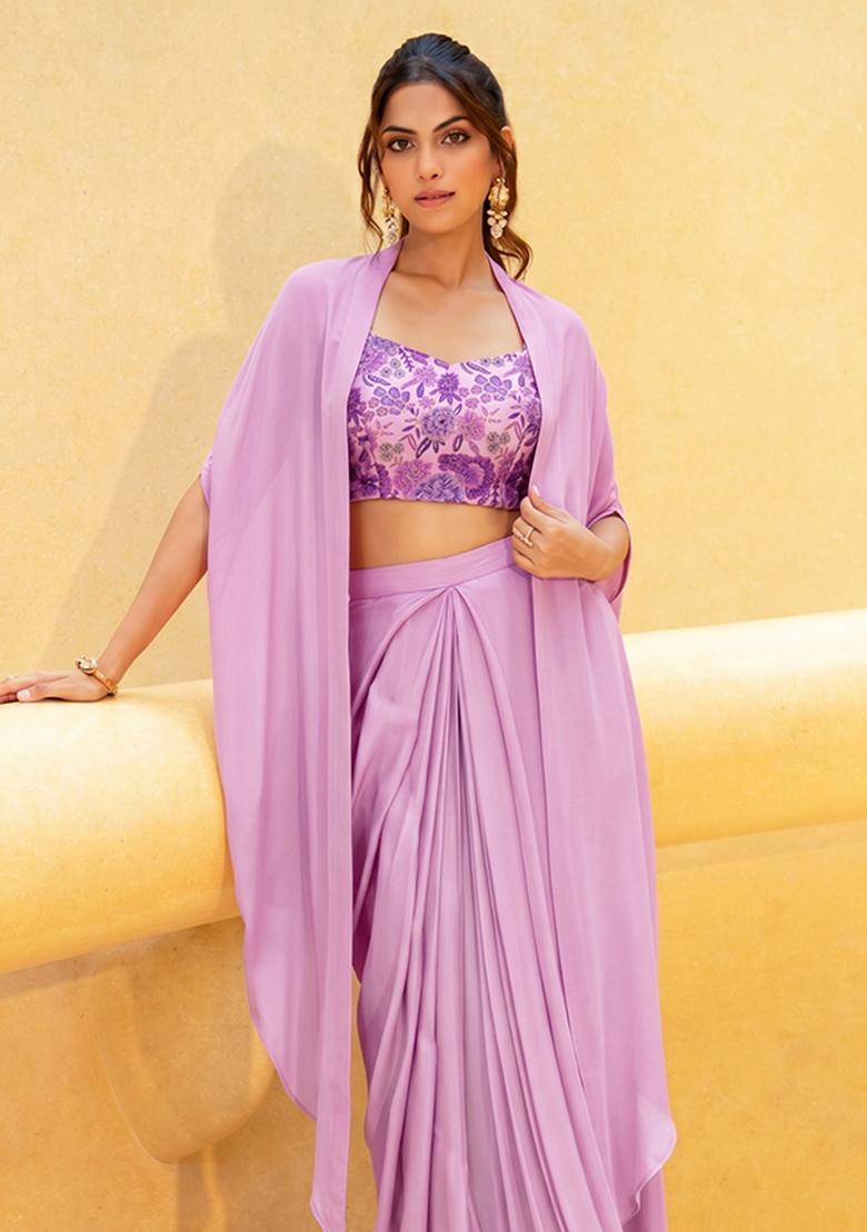 Lilac Printed Silk Fusion Set - Indya