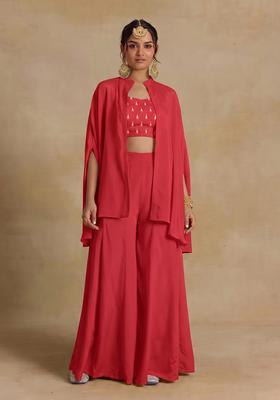 Deep Coral Silk Blend Printed Fusion Set